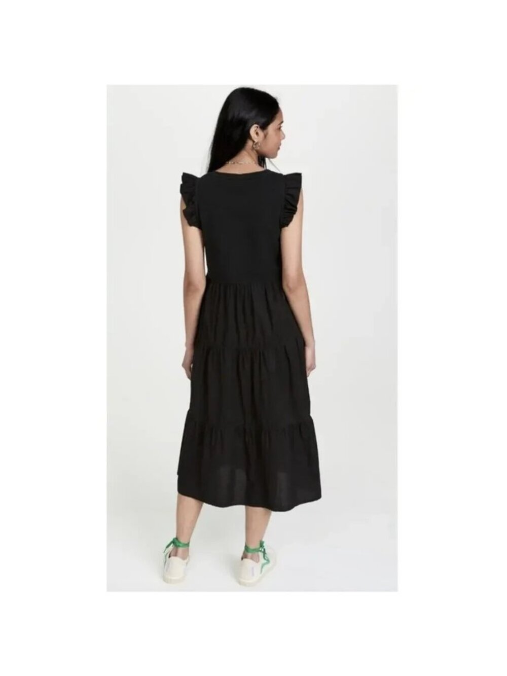 Nation LTD Sissy Tiered Ruffle Sleeve Midi Dress Jet Black Size L Minimalist - Picture 4 of 9
